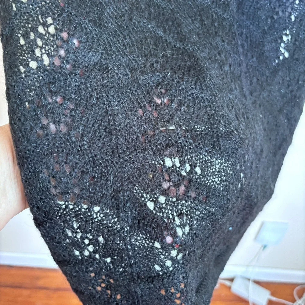 Ann Taylor LOFT Womens Pointelle Knit Vintage Scarf Wrap Black Wool Mohair OS